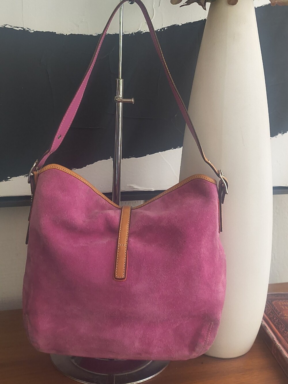 Coach Pink Suede Shoulder Bag with Tan Leather Trim - Picture 2 of 15